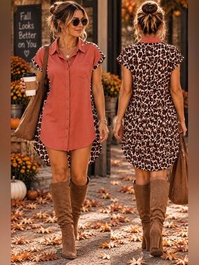 NWT Umgee Coral Leopard Print High-Low Shirt Dress Size Small